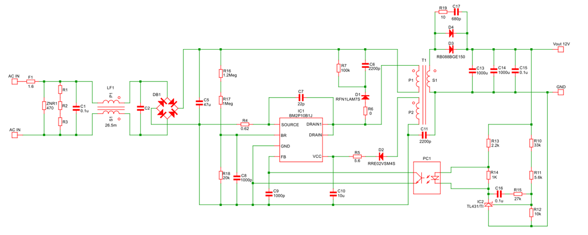 Schéma du circuit d'application - ROHM Semiconductor Carte d'évaluation BM2P10B1J-EVK-001